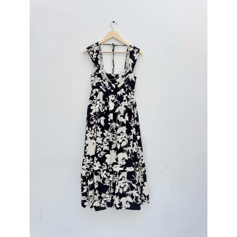 Baltic Born Black Ivory Floral Tiered Midi Dress Size M Tie Back